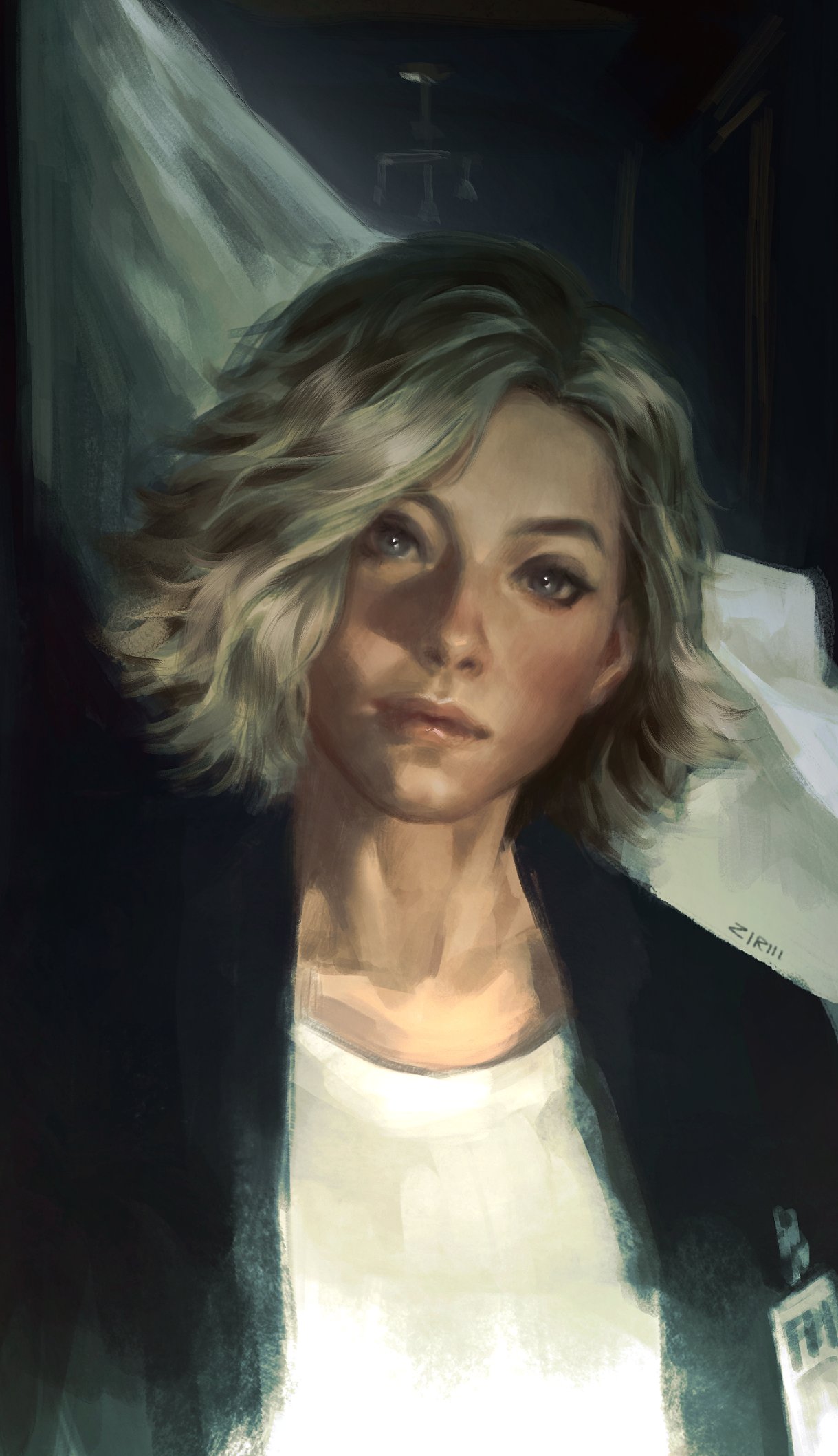 1girl, artist_name, black_jacket, blonde_hair, closed_mouth, grace_ashcroft, highres, indoors, jacket, katlovesstar, looking_at_viewer, medium_hair, open_clothes, open_jacket, resident_evil, resident_evil_requiem, shirt, solo, upper_body, wavy_hair, white_shirt