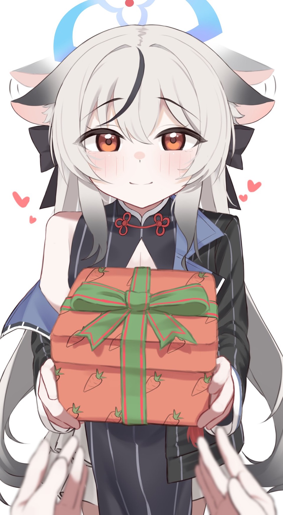 1girl, afterimage, animal_ears, black_dress, black_hair, blue_archive, blue_halo, box