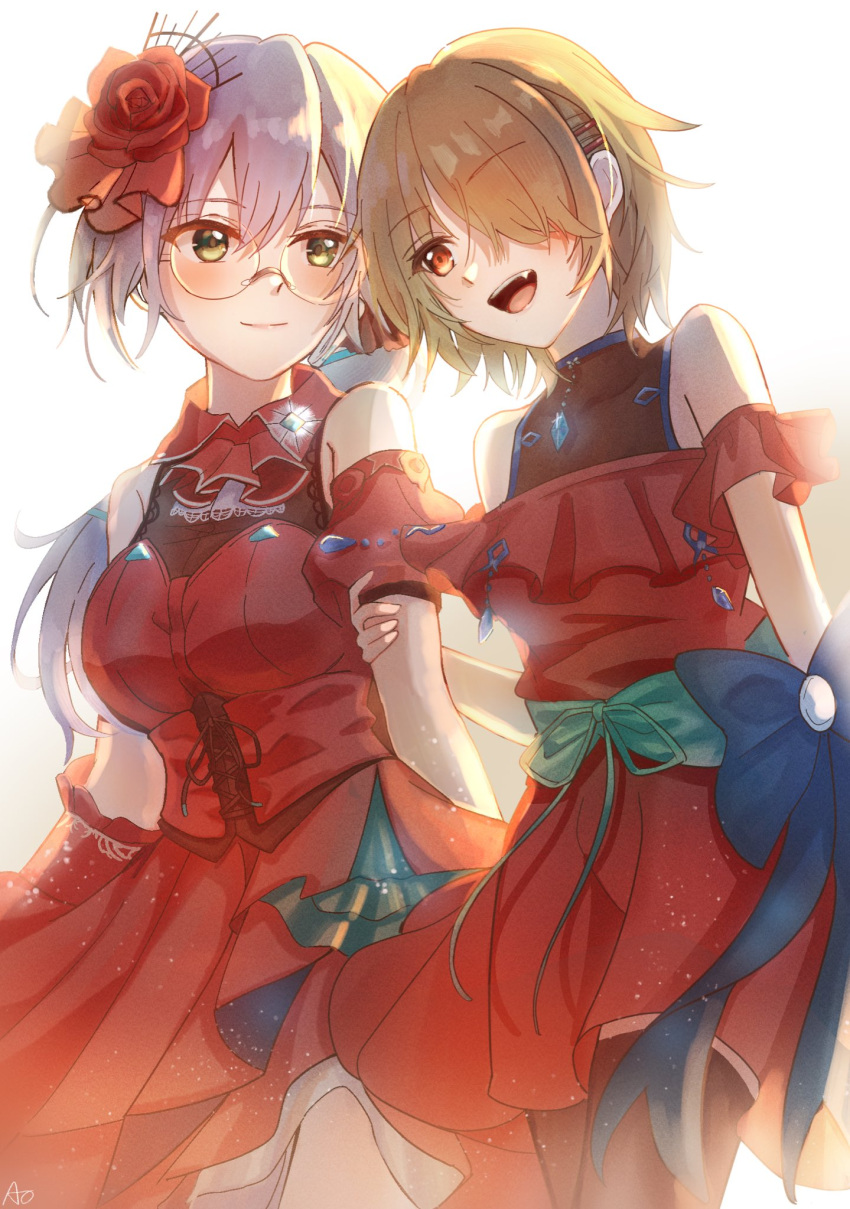 2girls, aoi11_luyu, back_bow, black_pantyhose, blonde_hair, blush, bow, breasts, dress, fang, glasses, grabbing_another's_arm, green_eyes, grey_hair, hair_ornament, hair_over_one_eye, hair_over_shoulder, hairclip, heaven_burns_red, highres, holding_hands, izumi_yuki_(heaven_burns_red), kayamori_ruka, long_hair, low-tied_long_hair, multiple_girls, official_alternate_costume, pantyhose, red_dress, red_eyes, round_eyewear, see-through_clothes, short_hair, yuri