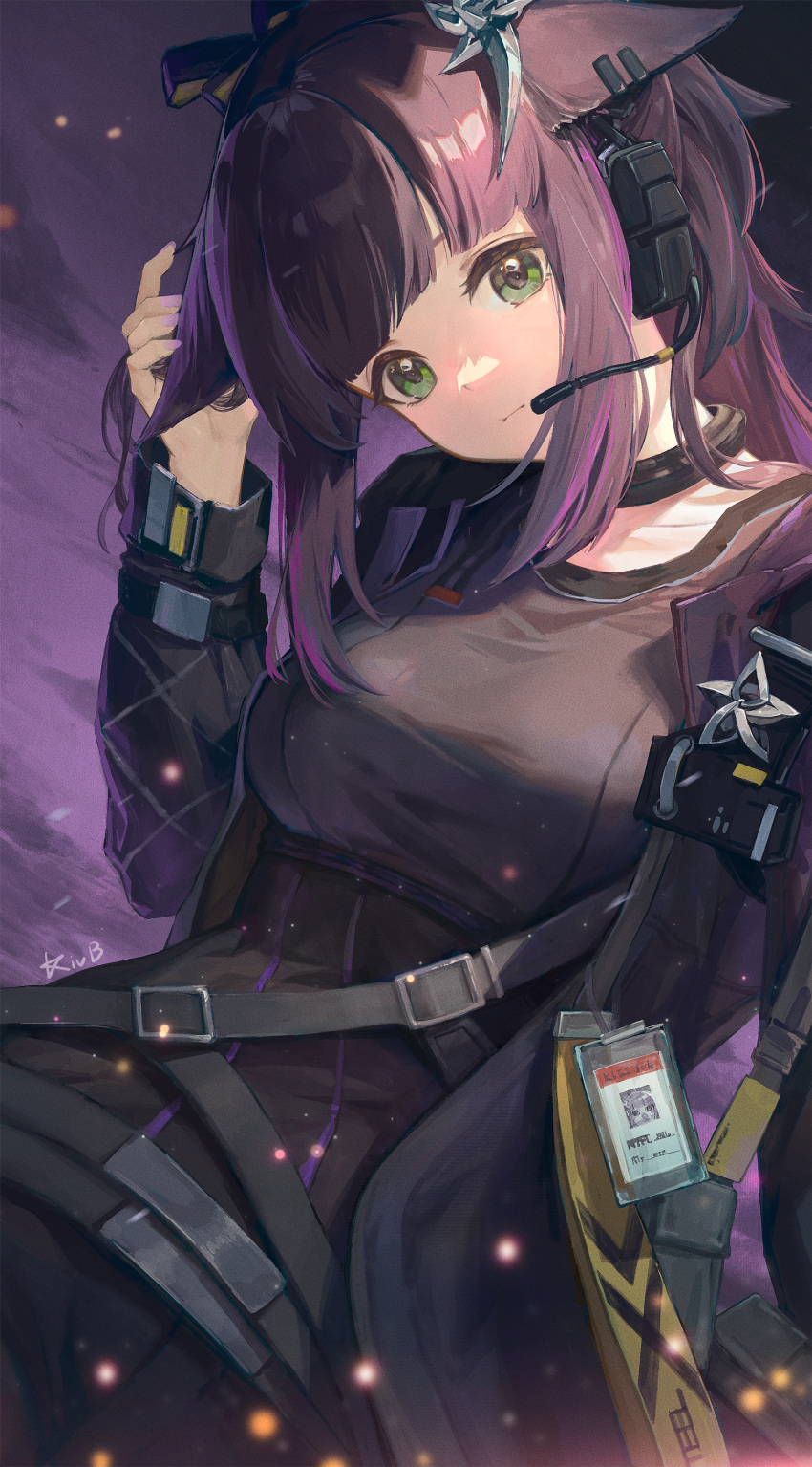 1girl, absurdres, animal_ears, arknights, black_collar, black_hair, black_jacket, black_shirt, blunt_bangs, breasts, cat_ears, closed_mouth, collar, cowboy_shot, crying_cat_(meme), green_eyes, hand_in_own_hair, headset, highres, id_card, jacket, jessica_(arknights), jessica_the_liberated_(arknights), kivb, long_hair, long_sleeves, looking_at_viewer, meme, multicolored_hair, open_clothes, open_jacket, purple_hair, shirt, sidelocks, solo