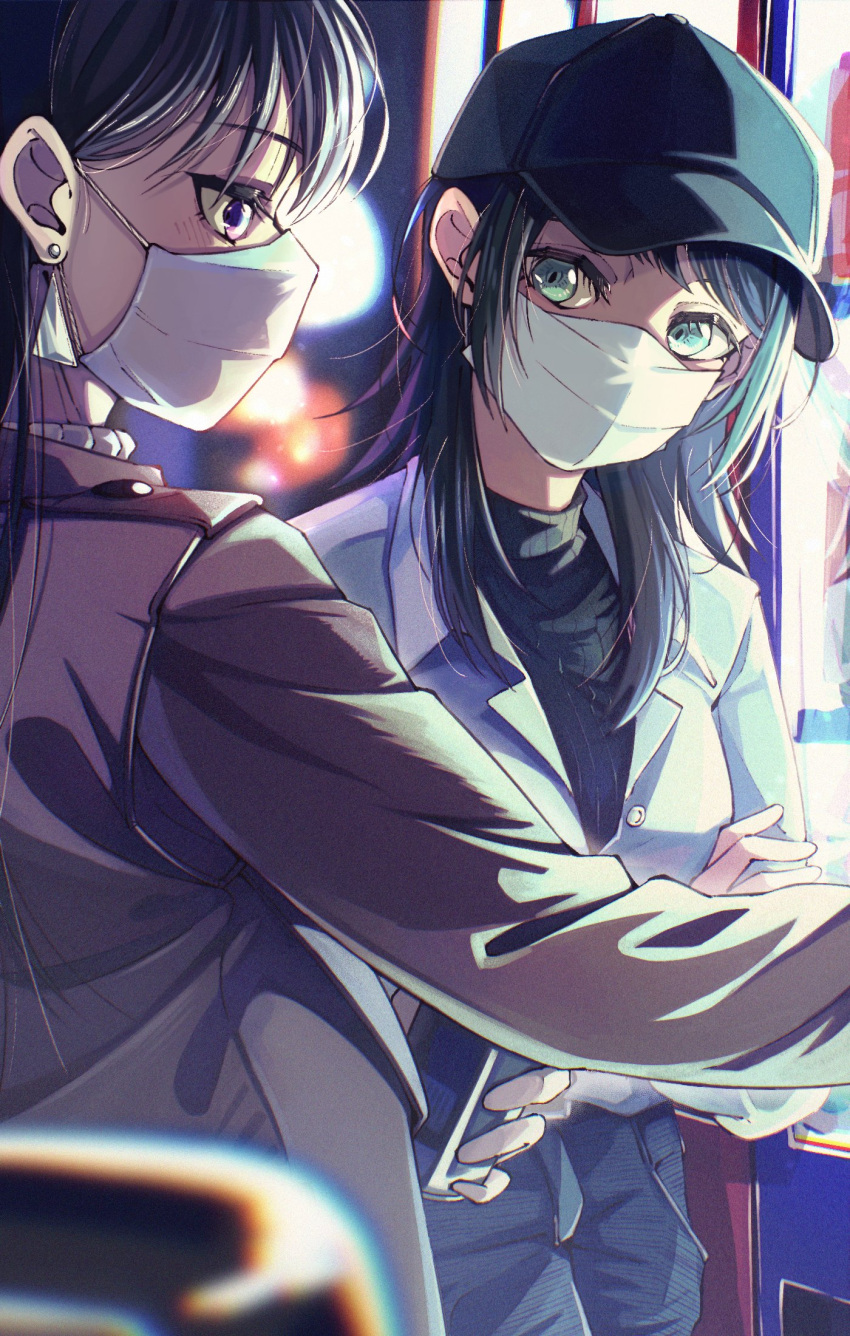 2girls, bang_dream!, bang_dream!_it's_mygo!!!!!, baseball_cap, black_hair, black_hat, black_sweater, blue_eyes, blurry, blush, brown_jacket, can, commentary_request, depth_of_field, doki_(oox3o), earrings, hat, highres, holding, holding_can, jacket, jewelry, long_hair, mask, mouth_mask, multiple_girls, shiina_taki, sweater, vending_machine, violet_eyes, white_jacket, white_mask, yahata_umiri