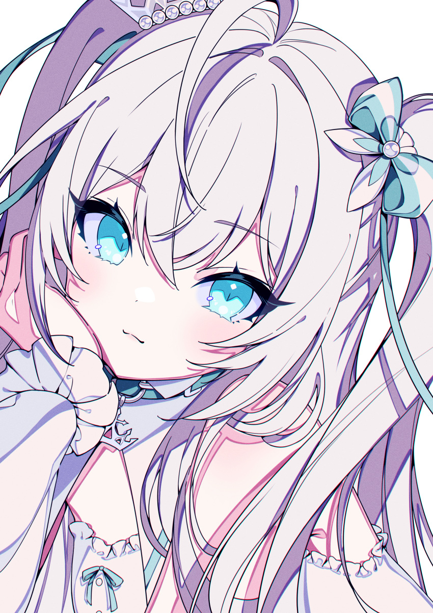 1girl, absurdres, ahoge, bare_shoulders, blue_bow, blue_eyes, blush, bow