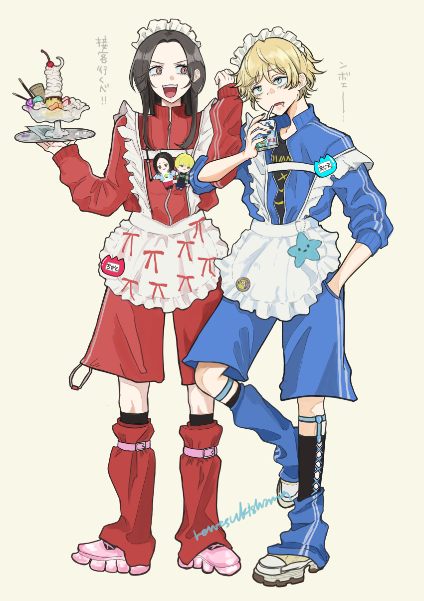 2girls, absurdres, apron, baby_walkure, black_hair, black_shirt, black_socks, blonde_hair, blue_eyes, blue_jacket, blue_leg_warmers, blue_shorts, character_doll, commentary_request, doll, drinking_straw, drooling, food, fukagawa_mahiro, full_body, garter_straps, hand_in_pocket, highres, holding, holding_carton, holding_tray, jacket, jersey_maid, leg_warmers, leggings, locked_arms, long_hair, maid, maid_apron, maid_day, mouth_drool, multiple_girls, open_clothes, open_jacket, open_mouth, pink_shoes, pocky, red_eyes, red_jacket, red_leggings, red_shorts, rentsukishima, shirt, shoes, short_hair, shorts, simple_background, socks, sugimoto_chisato, teeth, three-quarter_sleeves, translation_request, tray, unconventional_maid, upper_teeth_only, waist_apron, white_apron, white_background, white_shoes