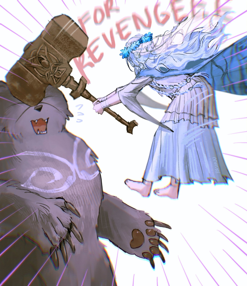 1girl, animal, barefoot, bear, blue_cape, blue_hair, blue_skirt, braid, cape, doll_joints, elden_ring, elden_ring_nightreign, emphasis_lines, english_commentary, feet, flower_wreath, from_behind, hammer, highres, holding, holding_weapon, jewelry, joints, long_hair, low_twin_braids, photo-referenced, rashuu, revenant_(elden_ring), rune_bear_(elden_ring), shirt, skirt, solo, twin_braids, weapon, white_background, white_shirt, wide_sleeves