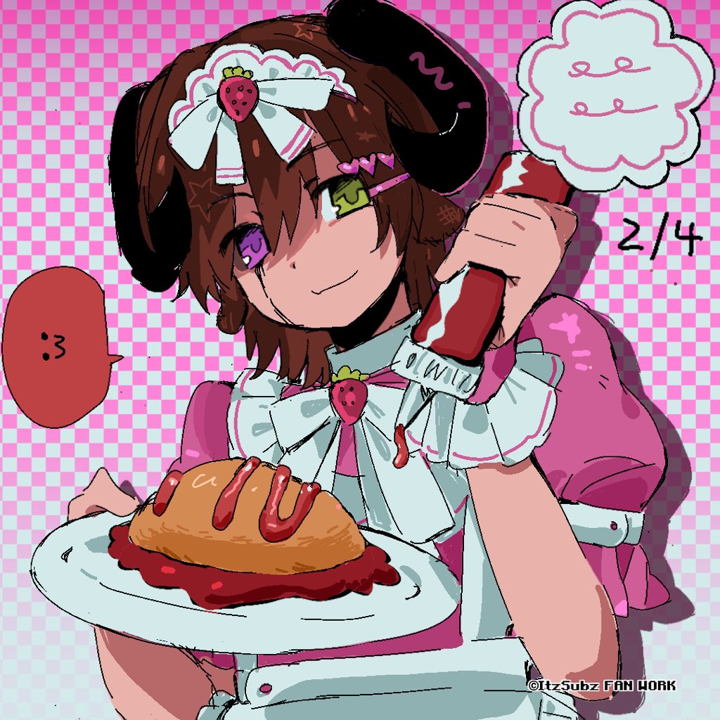 1boy, :3, animal_ears, animification, apron, black_sclera, brown_hair, colored_sclera, commentary, crossdressing, dress, ekou2, food, fruit, green_eyes, hashtag-only_commentary, heterochromia, holding, holding_plate, horns, itzsubz, ketchup, lifesteal_smp, looking_at_viewer, male_focus, minecraft_youtube, mismatched_sclera, pink_dress, plate, puffy_short_sleeves, puffy_sleeves, ribbon, sheep_boy, sheep_ears, sheep_horns, short_hair, short_sleeves, solo, strawberry, upper_body, violet_eyes, waitress, white_apron, white_ribbon