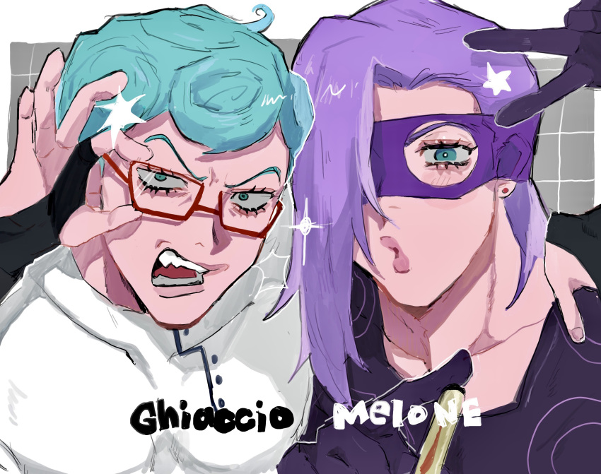 2boys, :o, adjusting_eyewear, angry, aqua_eyes, aqua_hair, asymmetrical_hair, black_gloves