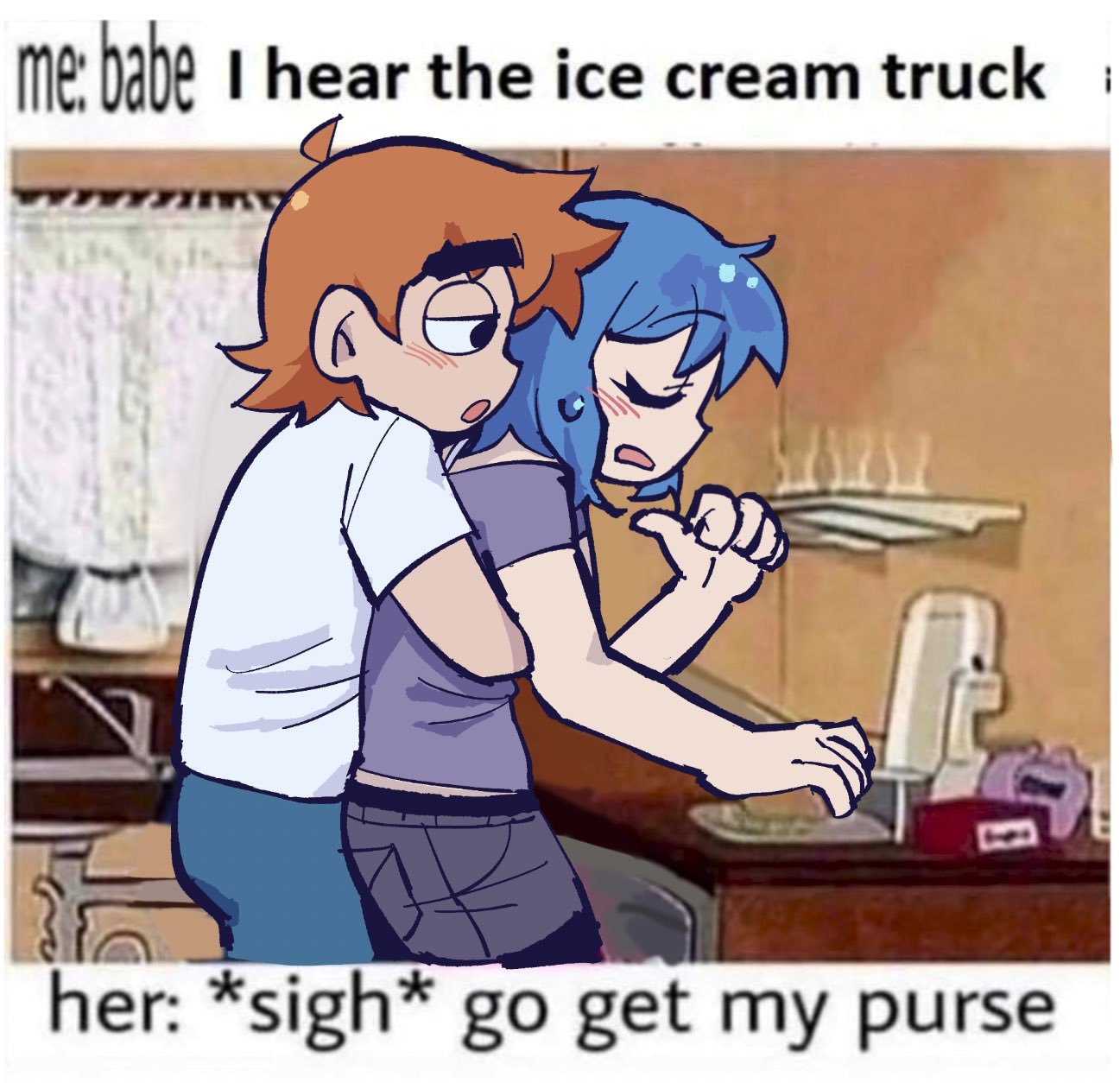 1boy, 1girl, blue_hair, blue_pepe, closed_eyes, commentary, couple, cowlick