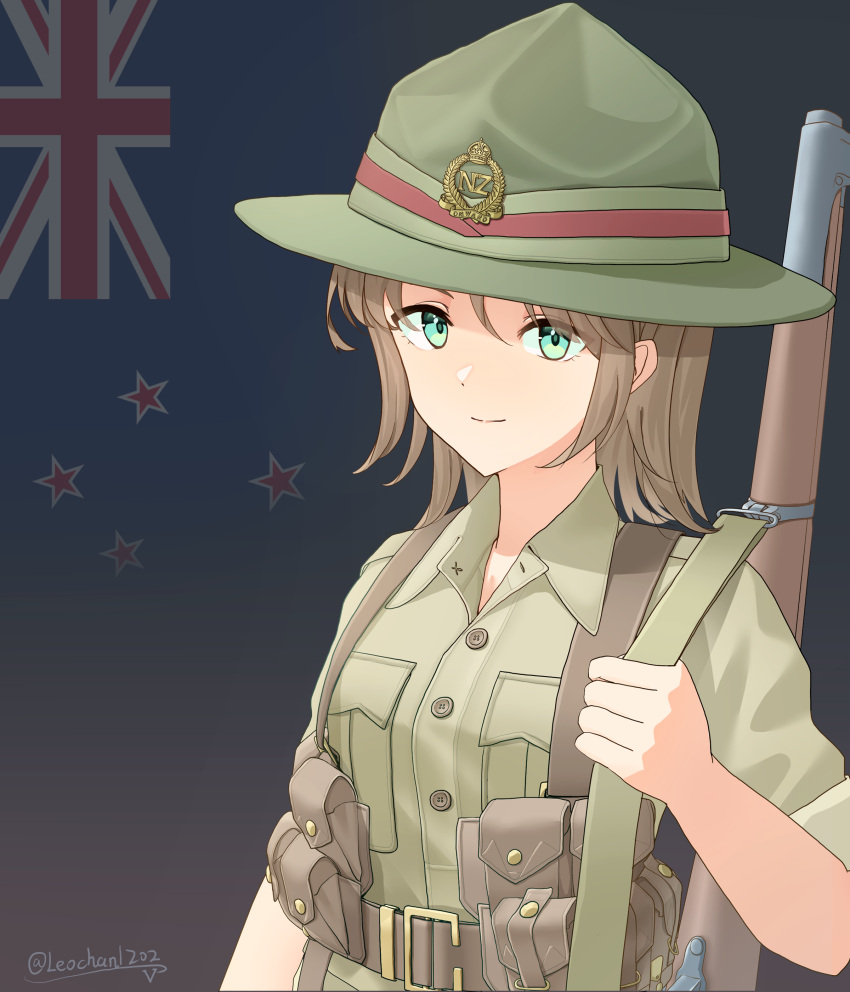 1girl, absurdres, ammunition_pouch, aqua_eyes, artist_name, belt, bolt_action, brown_belt