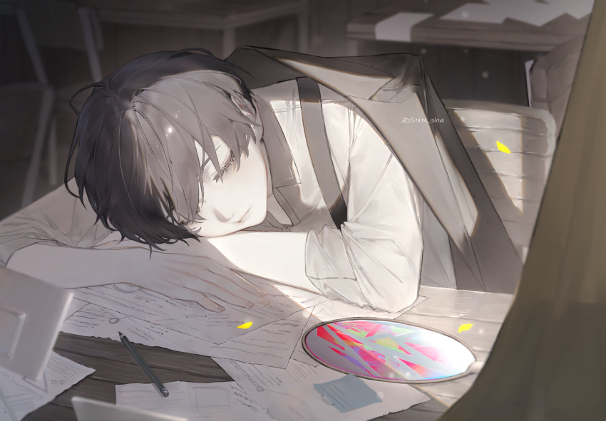 1boy, against_table, bags_under_eyes, black_hair, broken_mirror, circular_mirror, closed_eyes, crossed_arms