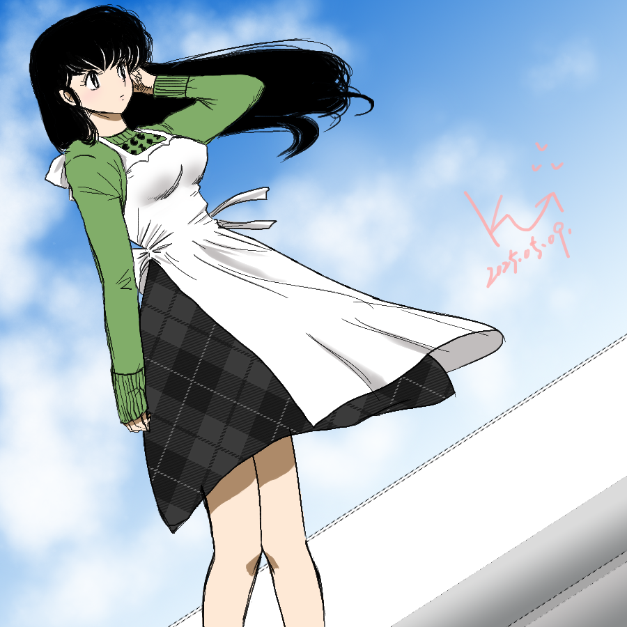 apron, bare_legs, black_eyes, black_hair, clouds, cloudy_sky, dress, green_dress