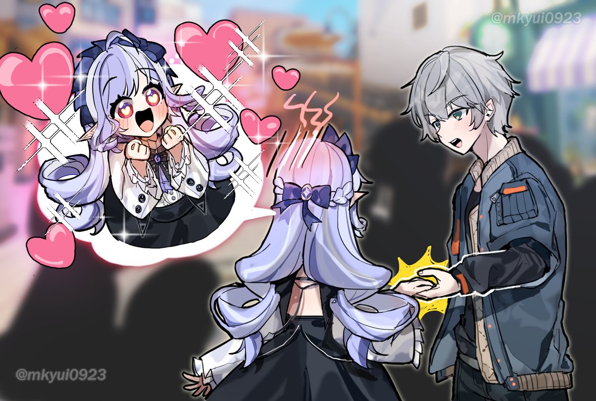 1boy, 1girl, ahoge, black_shirt, blue_jacket, blush, bow, bowtie