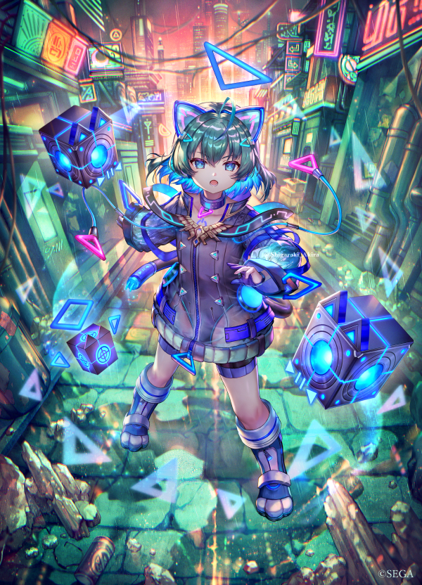 1girl, bike_shorts, blue_bow, blue_eyes, blue_hair, bow, chromatic_aberration, chunithm, eiketsu_taisen, full_body, gloves, hair_bow, hood, ice, ice_wings, looking_at_viewer, nai_(chunithm), official_art, open_mouth, otoko_no_ko, sega, shigaraki_(strobe_blue), short_hair, solo, standing, wings