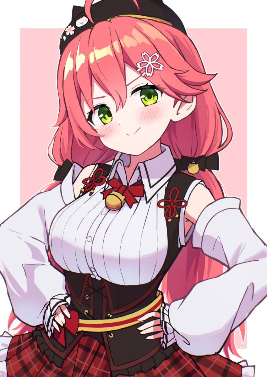 1girl, ahoge, beret, black_corset, blush, closed_mouth, corset, hands_on_own_hips, hat, highres, hololive, kaie, long_hair, looking_at_viewer, low_twintails, official_alternate_costume, pink_hair, red_skirt, sakura_miko, sakura_miko_(casual), shirt, skirt, smile, solo, twintails, very_long_hair, virtual_youtuber, white_shirt