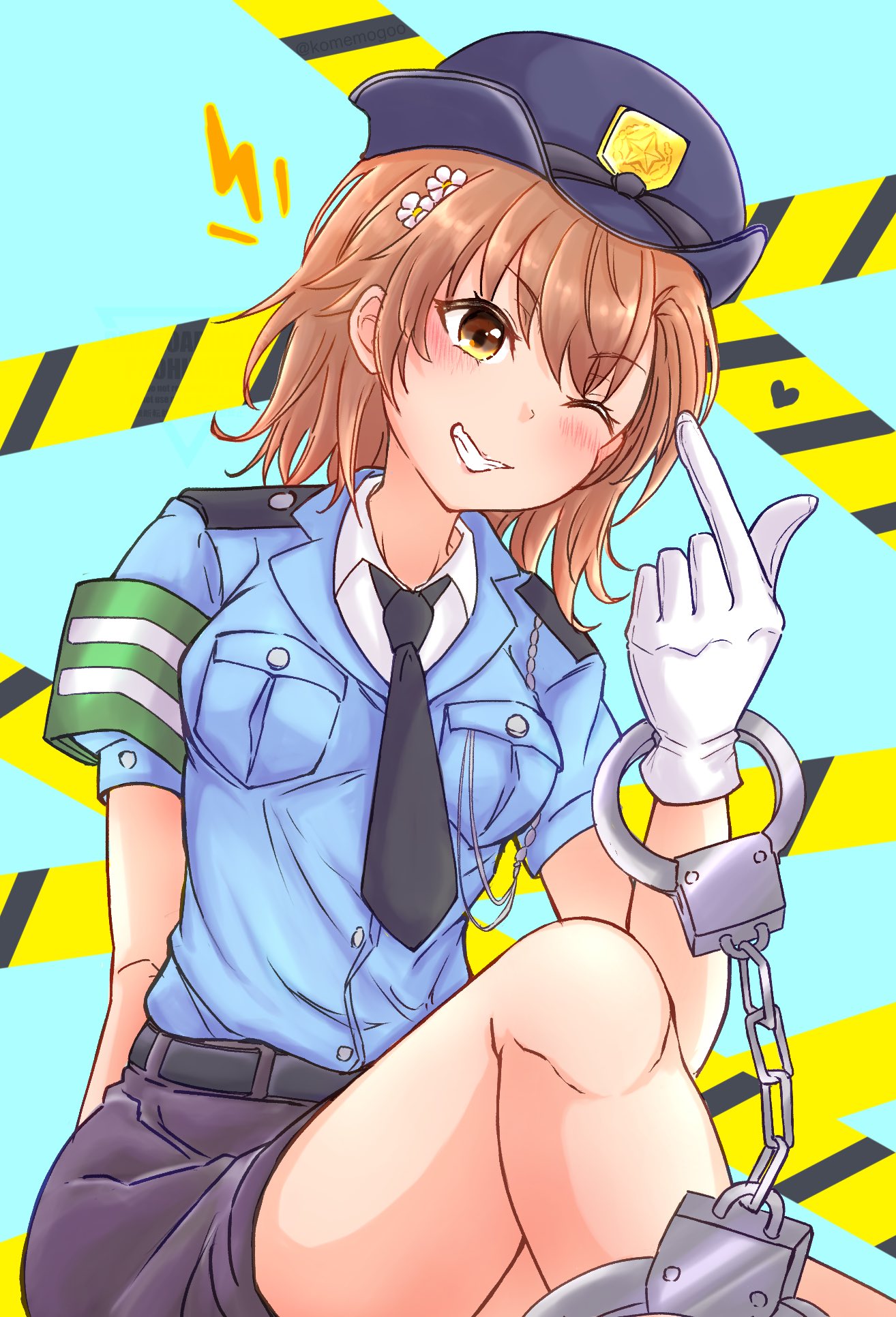 1girl, ;), black_necktie, blue_shirt, breasts, brown_eyes, brown_hair, collared_shirt