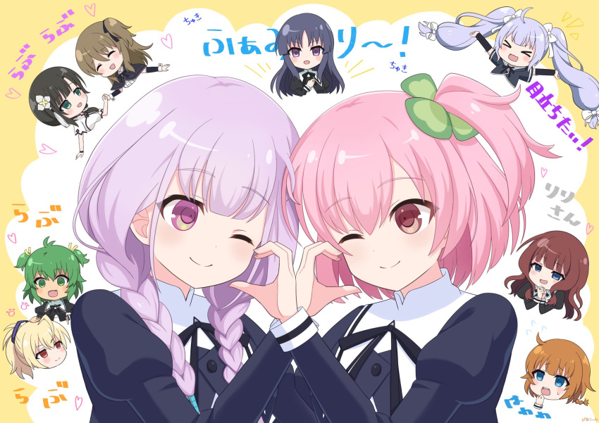 >_<, :3, :d, ;), ^_^, ahoge, andou_tazusa, antenna_hair, assault_lily, black_capelet, black_hair, black_ribbon, blonde_hair, blunt_bangs, blush, bow, braid, braided_ponytail, brown_hair, capelet, chibi, closed_eyes, closed_mouth, clover_hair_ornament, commentary_request, cropped_jacket, cropped_torso, detached_sleeves, eye_contact, facing_another, fang, flower, four-leaf_clover_hair_ornament, frilled_sleeves, frills, futagawa_fumi, green_eyes, green_hair, grey_hair, hair_between_eyes, hair_bow, hair_ornament, hair_over_shoulder, hair_ribbon, hair_scrunchie, half-heart_hands, hand_on_another's_cheek, hand_on_another's_face, hand_on_another's_head, hand_on_own_chest, hand_to_own_mouth, hand_up, hands_on_another's_cheeks, hands_on_another's_face, head_only, heart, highres, hitotsuyanagi_riri, hitotsuyanagi_yuri, jewelry, juliet_sleeves, kaede_johan_nouvel, kuo_shenlin, long_hair, long_sleeves, looking_at_another, looking_at_viewer, low_twin_braids, low_twintails, miriam_hildegard_von_gropius, neck_ribbon, notice_lines, one_eye_closed, one_side_up, open_mouth, piatin, pink_eyes, pink_hair, puffy_sleeves, purple_hair, purple_ribbon, red_eyes, ribbon, ring, school_uniform, scrunchie, shirai_yuyu, shirt, short_hair, short_sleeves, single_braid, smile, sweatdrop, tassel, tassel_hair_ornament, teeth, translation_request, twin_braids, twintails, two_side_up, upper_body, upper_teeth_only, violet_eyes, wang_yujia, white_bow, white_flower, white_scrunchie, white_shirt, wristband, yellow_ribbon, yoshimura_thi_mai, yurigaoka_girls_academy_school_uniform