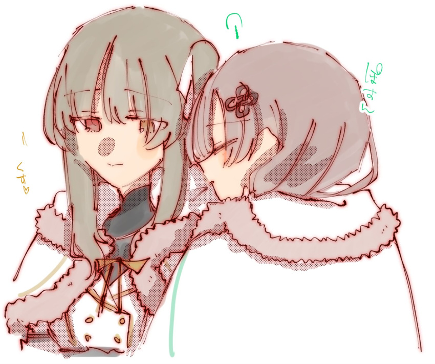 2girls, assault_lily, black_gloves, black_hair, blush, bow, bowtie, brown_hair