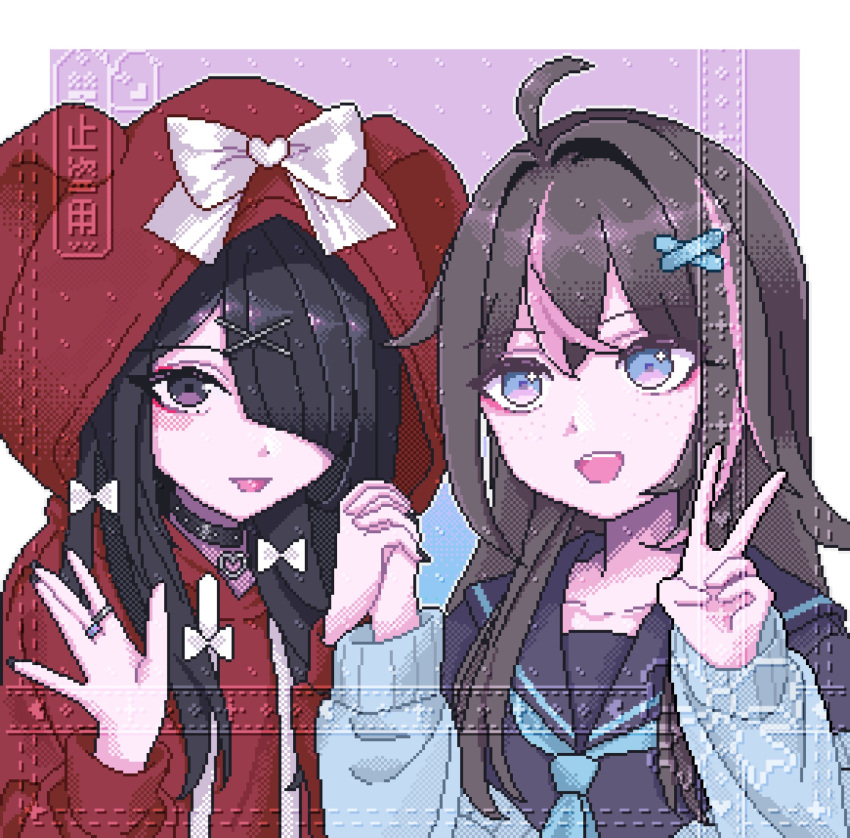 2girls, ame-chan_(needy_girl_overdose), animal_hood, aseprite_(software), black_choker, black_eyes, black_hair, black_nails