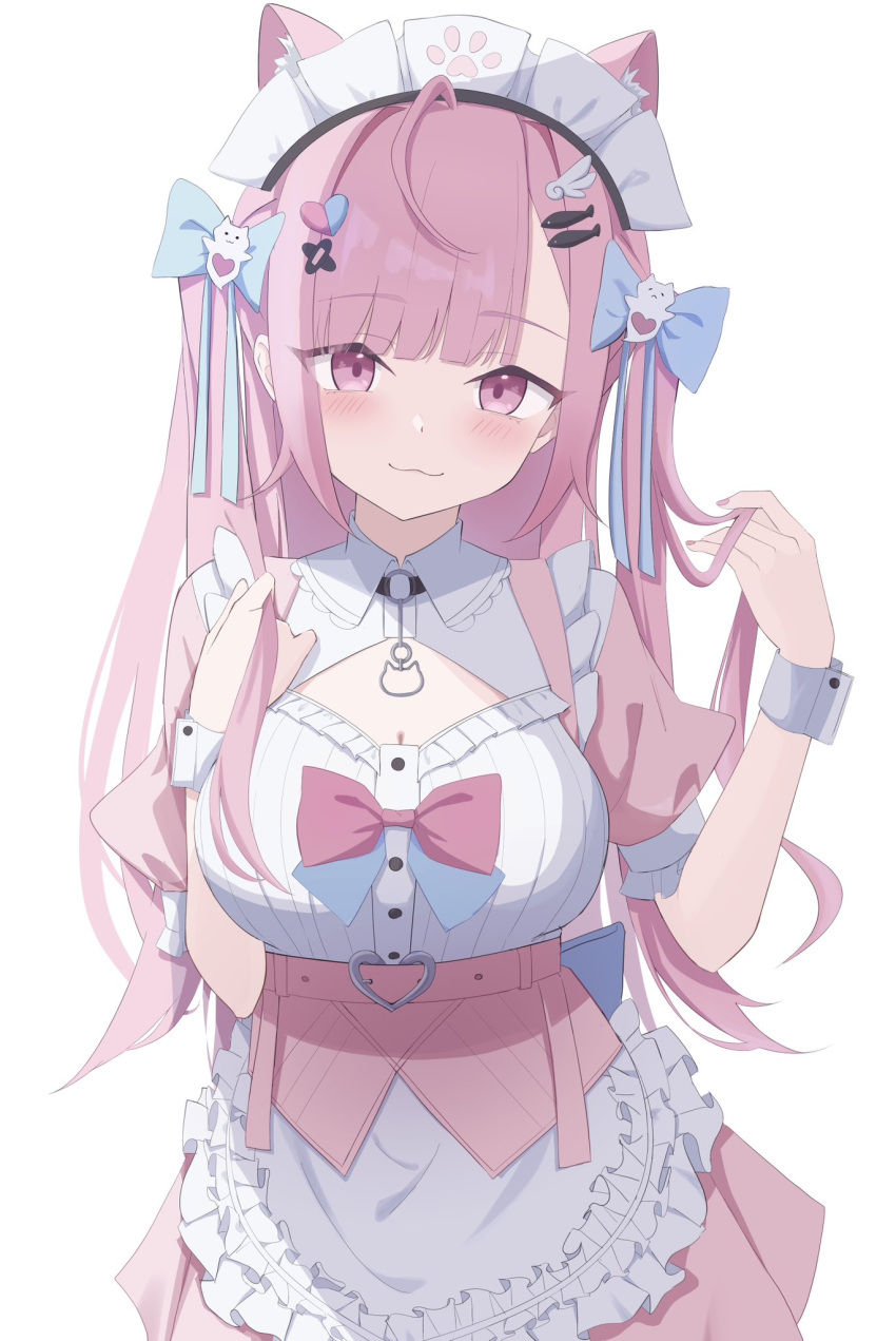 1girl, ahoge, animal_ears, blush, bow, breasts, cat_choker, cat_ears, cat_girl, dress, fish_hair_ornament, hair_bow, hair_ornament, heart, heart_hair_ornament, highres, indie_virtual_youtuber, long_hair, looking_at_viewer, maid, maid_headdress, pink_dress, pink_eyes, pink_hair, ponono_desu, short_sleeves, solo, two_side_up, virtual_youtuber, white_background, white_wrist_cuffs, wing_hair_ornament, wing_hairpin, wrist_cuffs, yuuki_sakuna, yuuki_sakuna_(1st_costume)