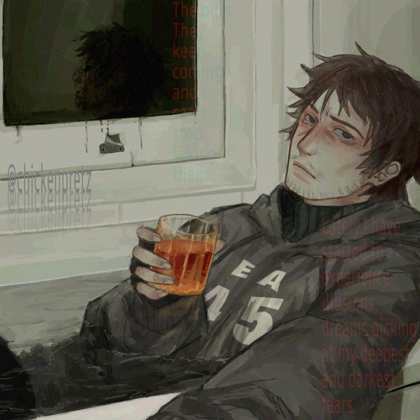 1boy, afraid_of_monsters, alcohol, bags_under_eyes, bathroom, beard_stubble, black_eyes, black_gloves