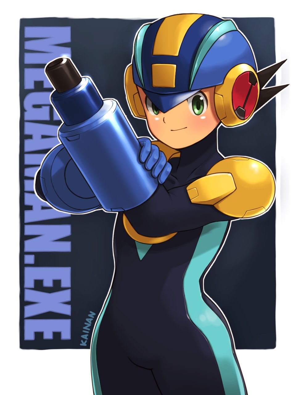 1boy, arm_cannon, black_background, blue_bodysuit, blue_helmet, bodysuit, border, character_name