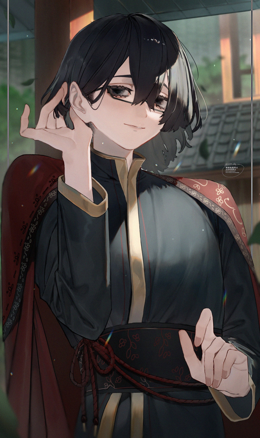 1boy, absurdres, black_eyes, black_hair, chinese_clothes, double-parted_bangs, hair_between_eyes, highres, index_finger_raised, jacket, jacket_on_shoulders, jia_family_(identity)_(project_moon), light_particles, limbus_company, looking_at_viewer, male_focus, playing_with_own_hair, project_moon, rope_belt, snn_shq, solo, sunlight, waistband, wei_(project_moon), yi_sang_(project_moon)