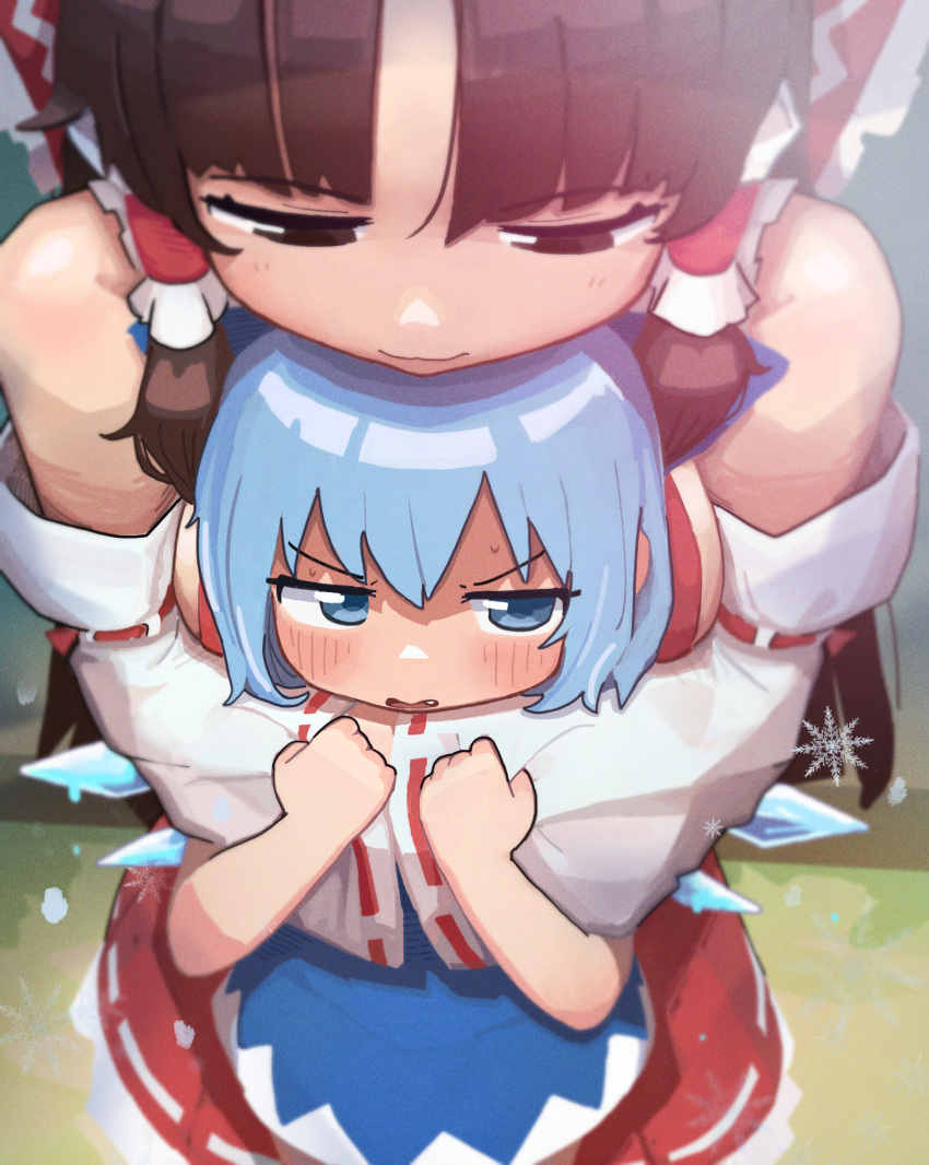 2girls, 4th_lol, blue_eyes, blue_hair, blush, bow, breasts, brown_eyes