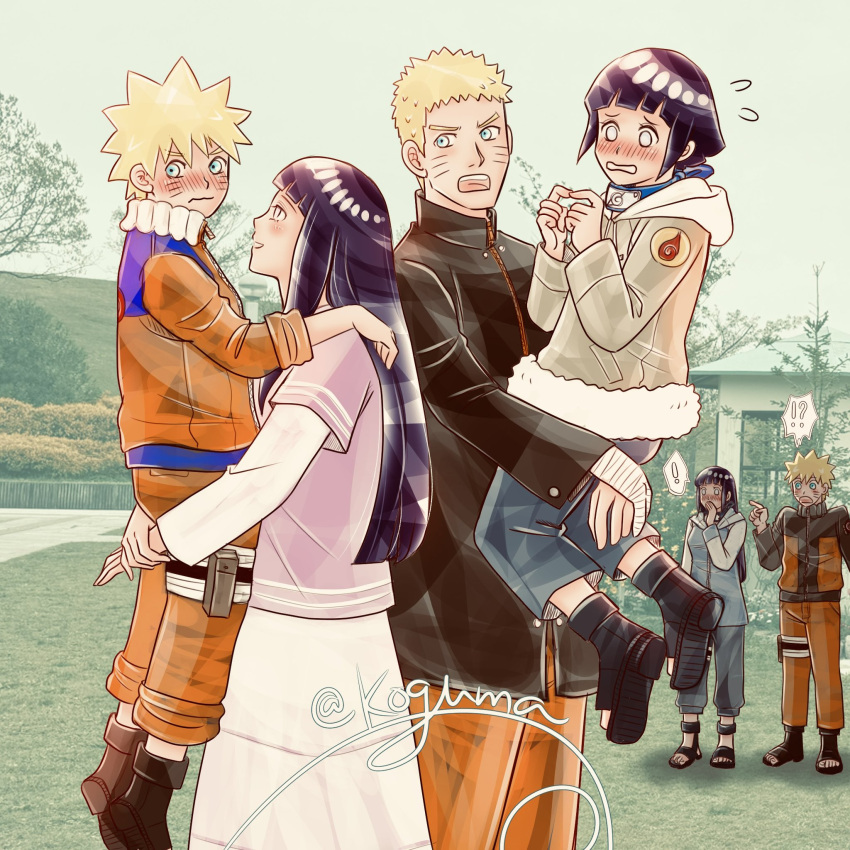 3boys, 3girls, age_progression, black_hair, black_jacket, blonde_hair, blue_eyes, carrying