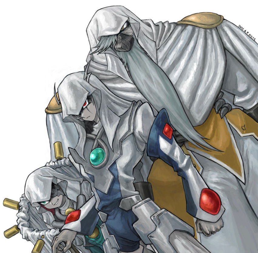 3boys, android, beard, bifuteki_(bi_futeki), bodysuit, chest_jewel, cloak, facial_hair