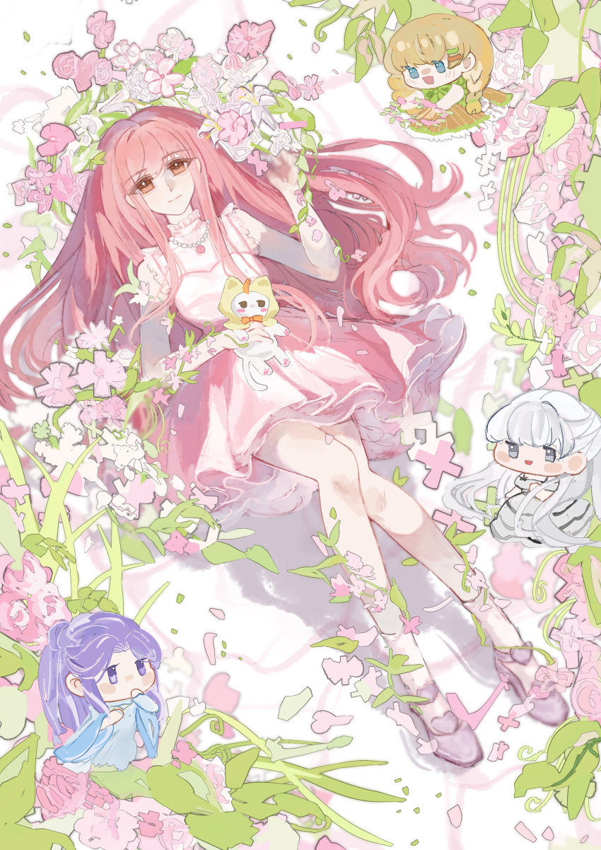 4girls, absurdres, animal, ankle_socks, apron, bare_arms, bare_shoulders, bead_necklace
