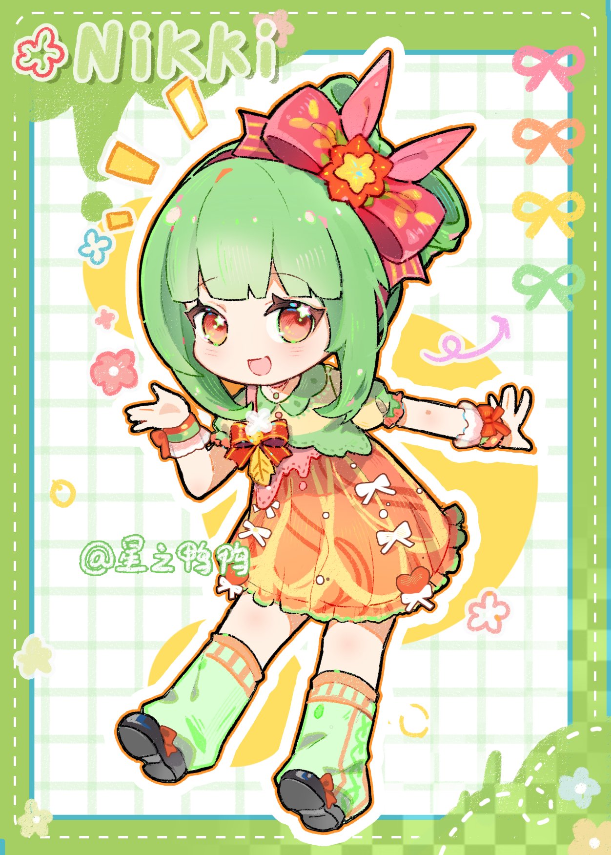 1girl, artist_name, black_shoes, blunt_bangs, border, bow, bow-shaped_hair, bowtie