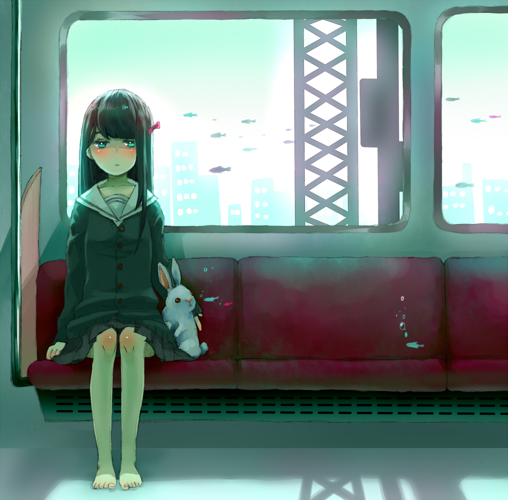 bad_id, barefoot, black_hair, blue_eyes, blush, bow, bunny, cardigan, feet, fish, hair_bow, original, rabbit, sailor_collar, school_uniform, serafuku, sitting, skirt, solo, train, train_interior, underwater, wakuraba