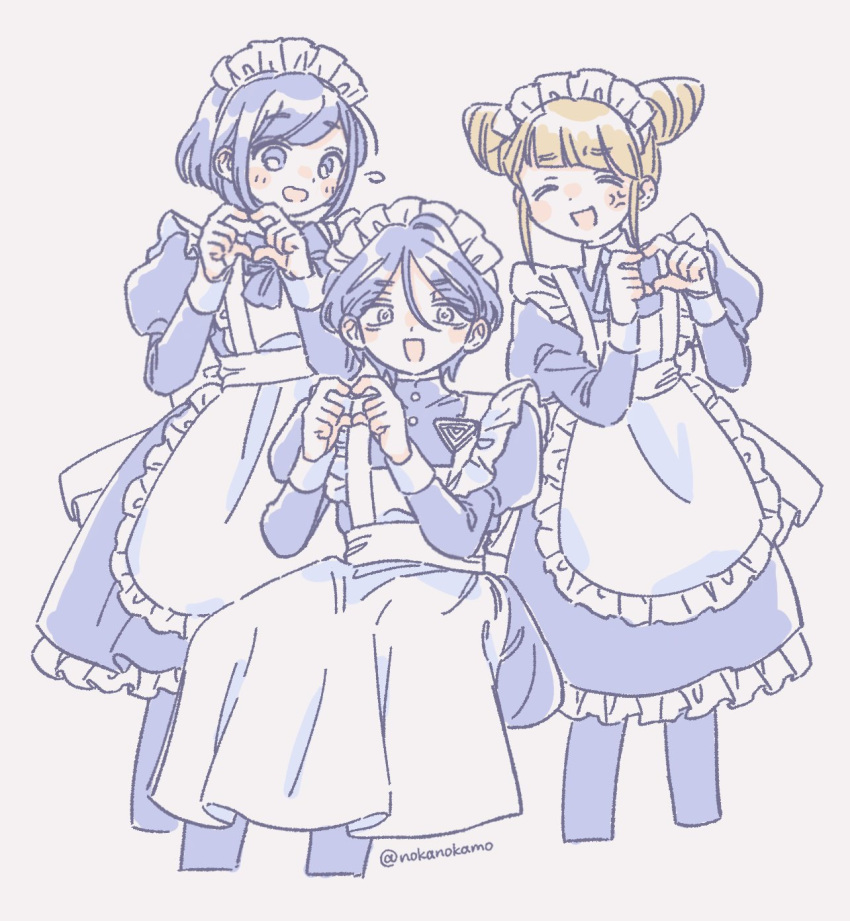 1boy, 2girls, :d, alternate_costume, anger_vein, apron, closed_eyes, cone_hair_bun