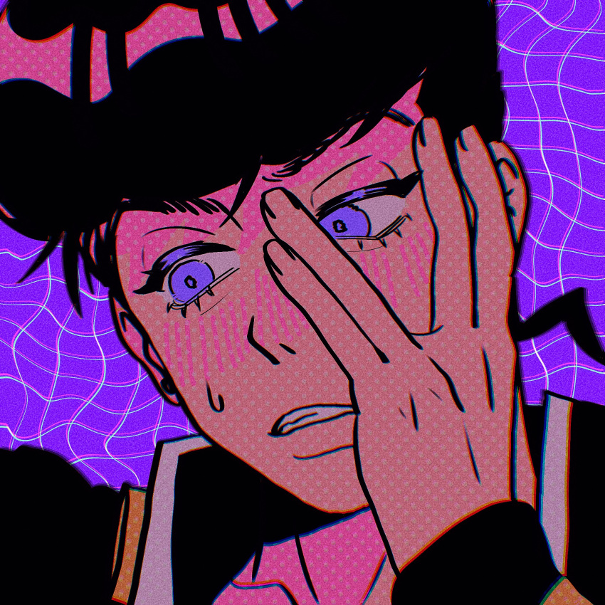 1boy, black_hair, black_jacket, blush, chromatic_aberration, diamond_wa_kudakenai, earrings, film_grain