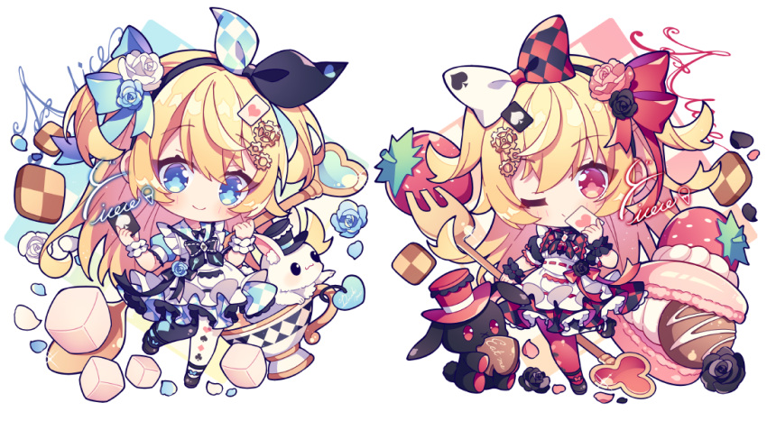 2girls, ace_(playing_card), ace_of_hearts, ace_of_spades, alice's_adventures_in_wonderland, alice_(alice_in_wonderland), apron, black_bow