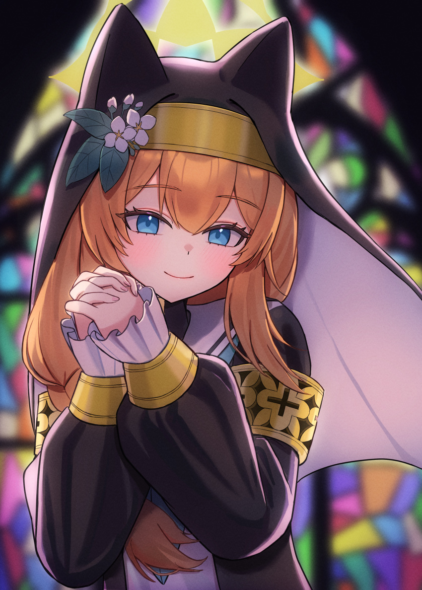 1girl, absurdres, black_dress, black_veil, blue_archive, blue_eyes, blurry, blurry_background