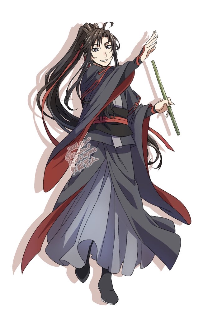 1boy, ahoge, black_boots, black_eyes, black_hair, black_hanfu, boots, chinese_clothes