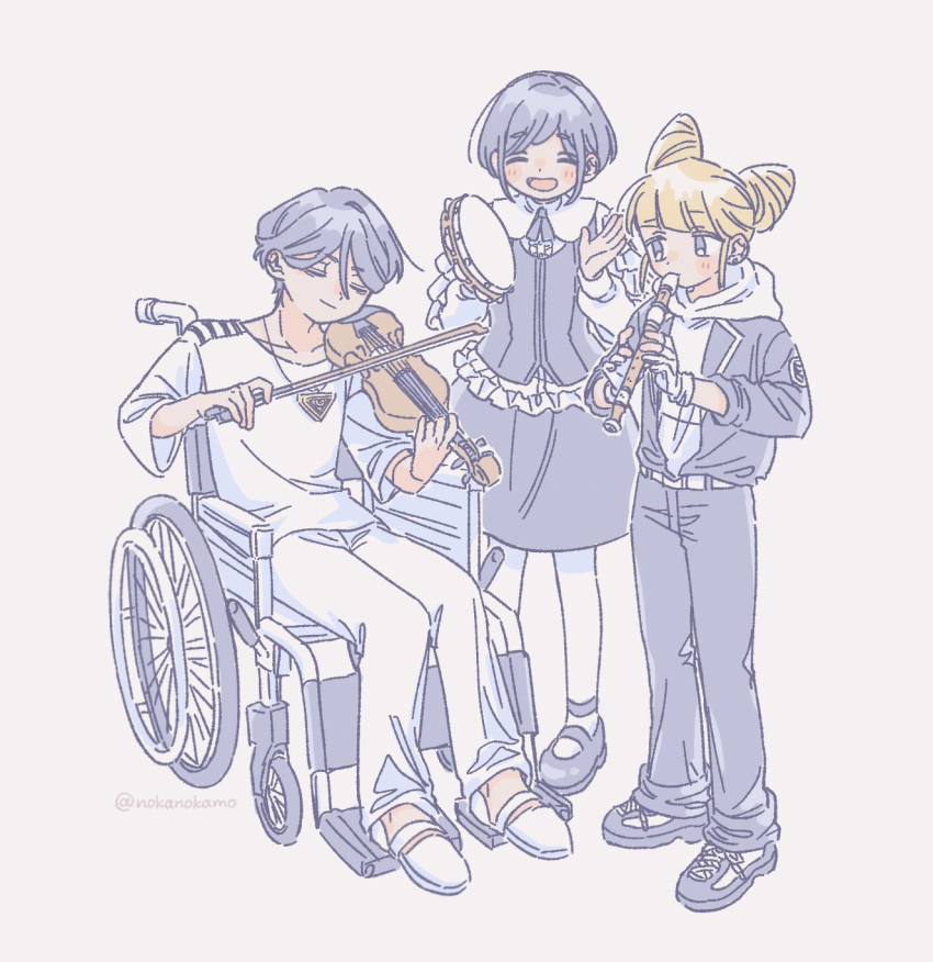 1boy, 2girls, belt, blush, bow_(music), closed_eyes, closed_mouth, collared_shirt