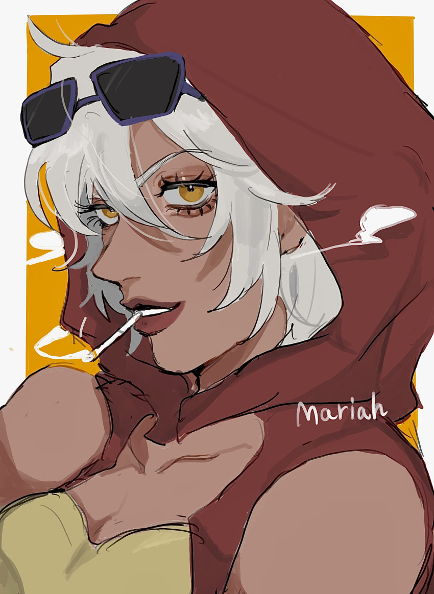 1girl, absurdres, bare_shoulders, breasts, character_name, cigarette, eyelashes, eyewear_on_head
