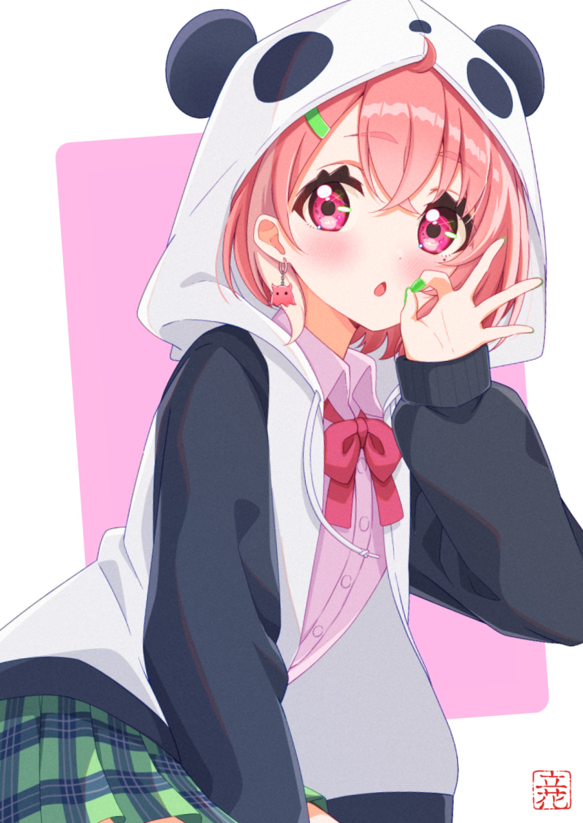 1girl, ahoge, animal_hood, black_hoodie, blush, bow, bowtie, collared_shirt