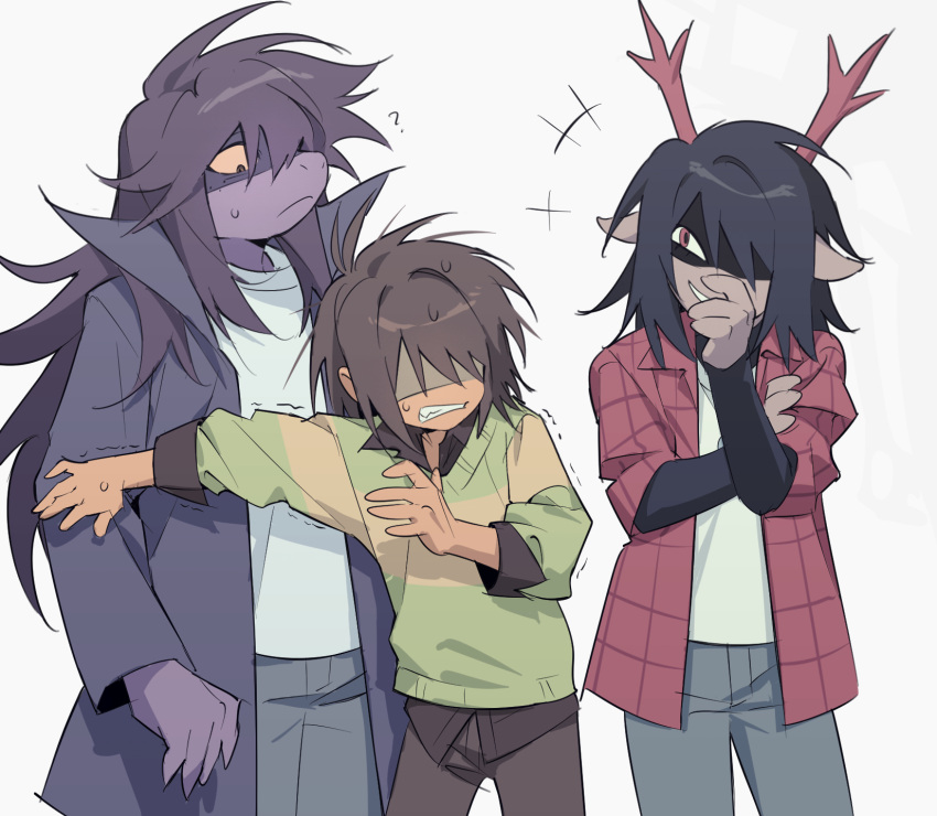 1other, 2girls, blue_pants, brown_hair, brown_pants, brown_shirt, clenched_teeth, collared_shirt