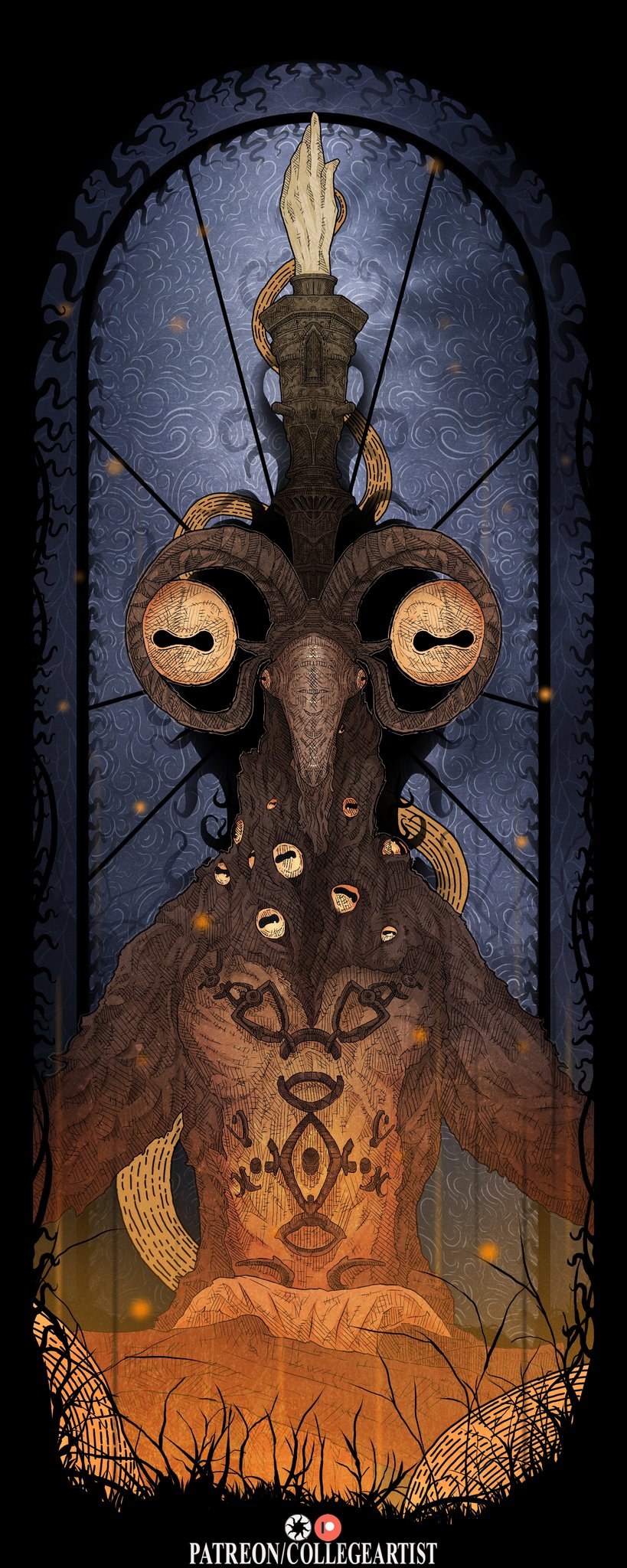 1boy, collegeartist1, crossed_legs, elden_ring, elden_ring_nightreign, extra_eyes, facing_viewer, goat_horns