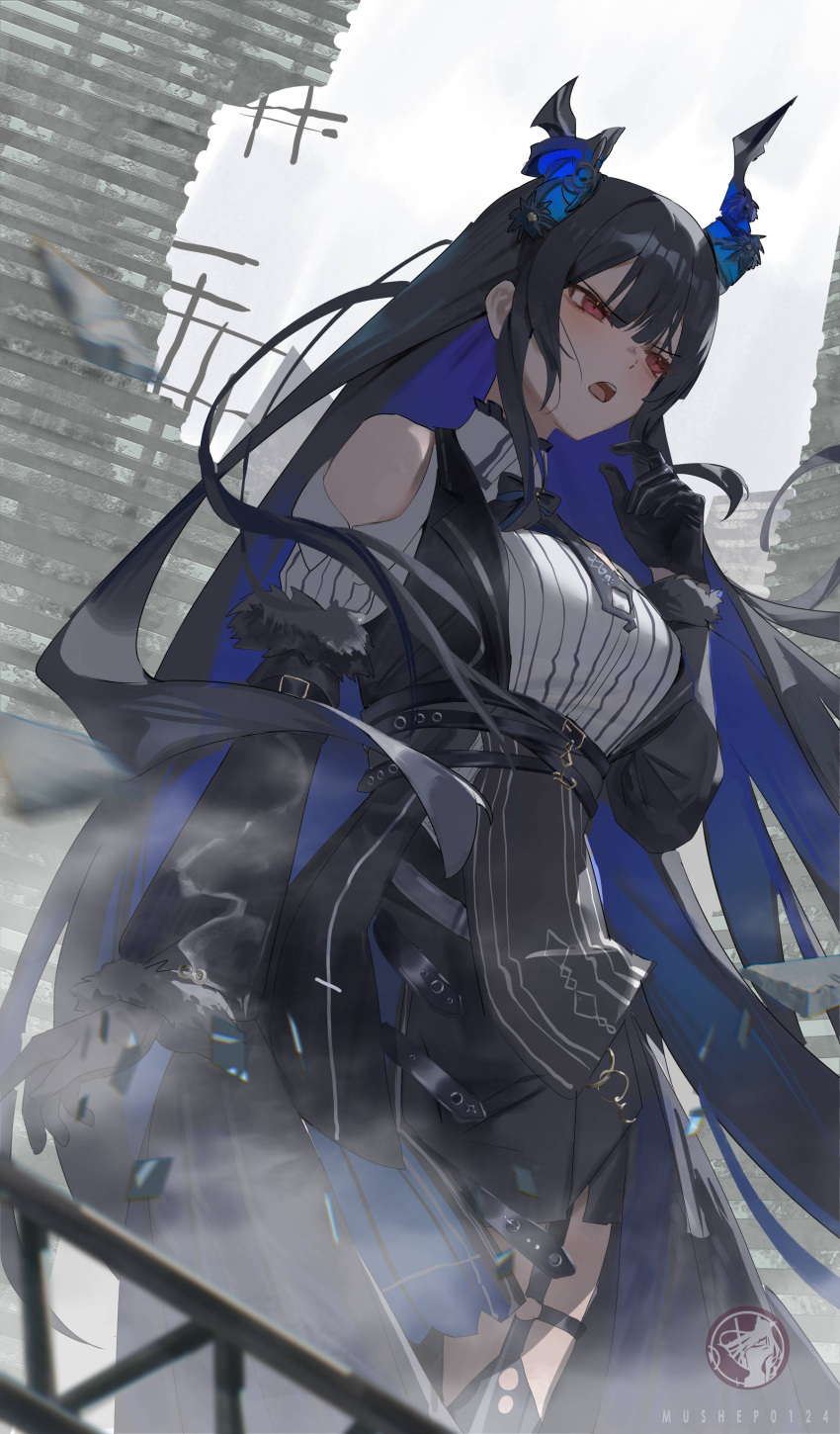 1girl, abroccoli, absurdres, angry, artist_name, asymmetrical_horns, black_bow, black_bowtie, black_gloves, black_hair, black_skirt, blue_hair, bow, bowtie, center-flap_bangs, clothing_cutout, colored_inner_hair, cowboy_shot, d:, demon_horns, feather-trimmed_sleeves, floating_hair, gloves, hand_up, highres, hololive, hololive_english, horns, long_hair, looking_ahead, multicolored_hair, nerissa_ravencroft, nerissa_ravencroft_(1st_costume), open_mouth, pencil_skirt, red_eyes, ribbed_shirt, ruins, shirt, shoulder_cutout, skirt, solo, teeth, thigh_strap, underbust, uneven_horns, upper_teeth_only, v-shaped_eyebrows, very_long_hair, vest, virtual_youtuber, waistcoat, watermark, white_shirt