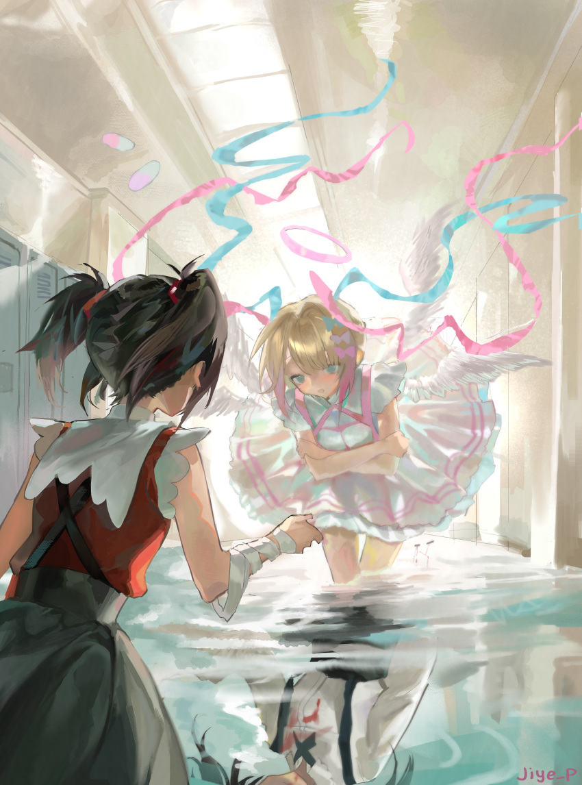 1girl, absurdres, ame-chan_(needy_girl_overdose), backlighting, bandaged_arm, bandages, blonde_hair, blue_eyes, blue_hair, bow, chouzetsusaikawa_tenshi-chan, colored_tips, dual_persona, hair_bow, hair_flowing_over, hair_tie, hallway, halo, highres, jiye_p1, light_reflection_(water), locker, looking_at_another, multicolored_hair, multiple_hair_bows, neck_ribbon, needy_girl_overdose, pink_hair, pink_halo, quad_tails, reflection, reflective_water, ribbon, school, school_uniform, serafuku, short_twintails, skirt, skylight, solo, suspender_skirt, suspenders, twintails, white_serafuku