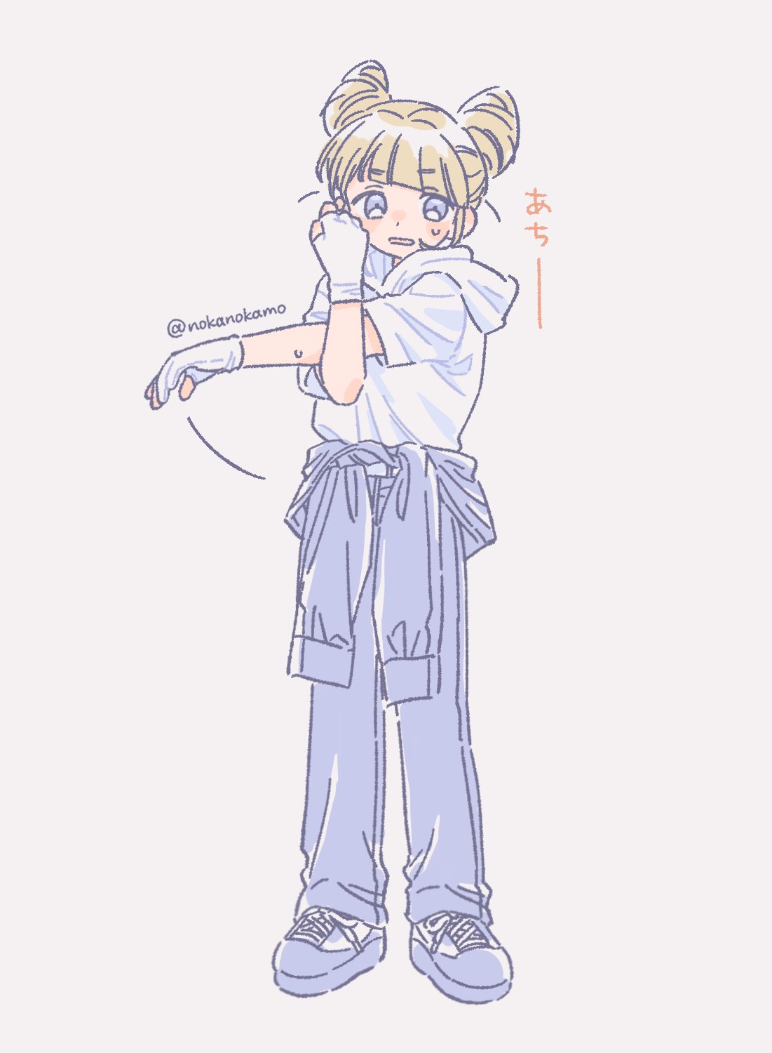 1girl, commentary_request, cone_hair_bun, diagonal_bangs, double_bun, full_body, gloves, hair_bun