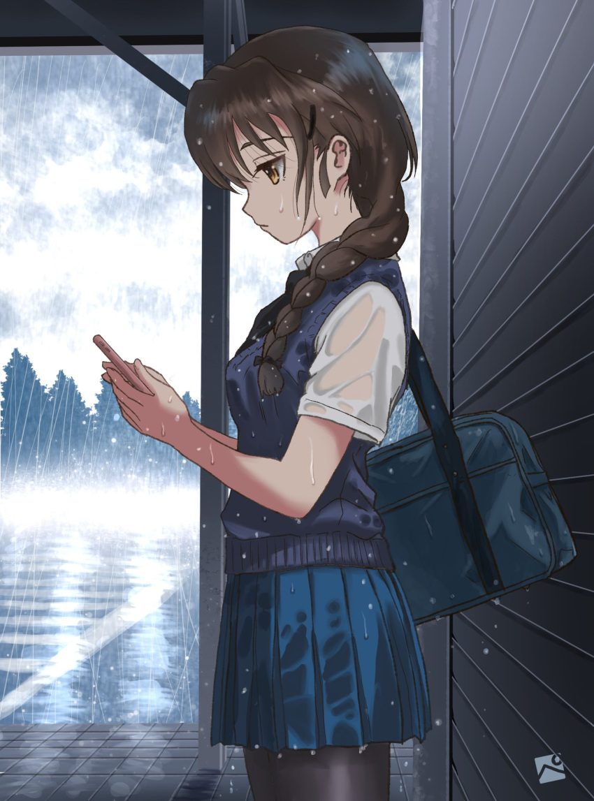 1girl, adapted_costume, against_wall, bag, black_necktie, black_pantyhose, blue_bag, blue_skirt