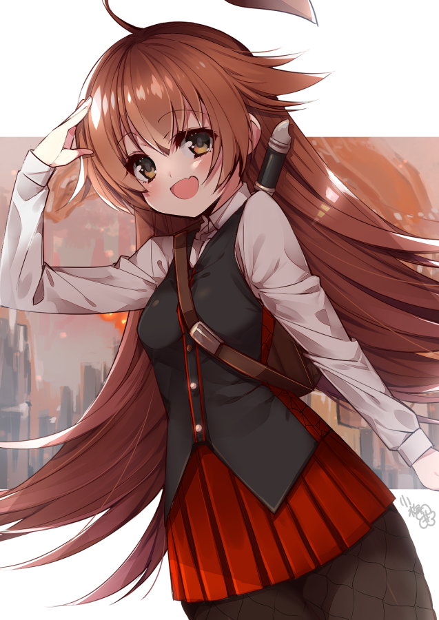 1girl, ahoge, black_vest, breasts, brown_bag, brown_eyes, brown_hair, duel_masters, duel_masters_play's, fishnet_pantyhose, fishnet_thighhighs, fishnets, flute, huge_ahoge, instrument, kbtur, kokko_rupiko, long_hair, long_sleeves, looking_at_viewer, medium_breasts, open_mouth, pantyhose, pleated_skirt, recorder, red_skirt, salute, shirt, signature, skirt, solo, thigh-highs, very_long_hair, vest, white_shirt