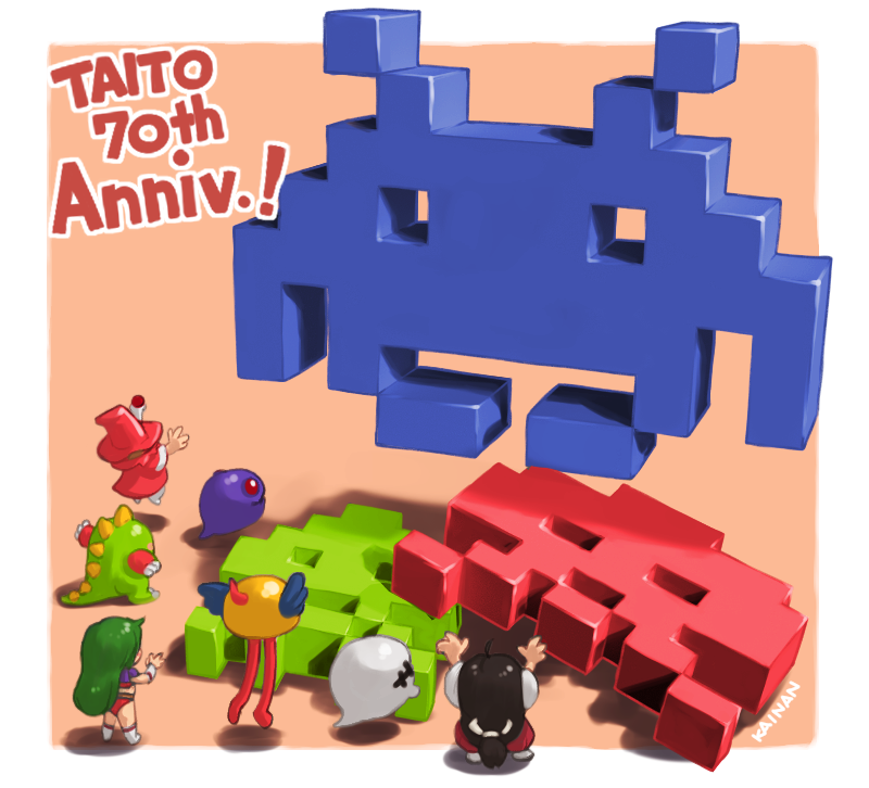 3girls, alien, arm_up, black_hair, border, brown_background, bub_(bubble_bobble), bubble_bobble, chack'n_(chack'n_pop), chack'n_pop, chibi, commentary, company_name, creature, crossover, dragon, english_text, from_behind, full_body, ghost, ghost_tail, green_hair, hat, holding, holding_wand, japanese_clothes, kainan, kiki_kaikai, kiki_kaikai_(series), long_hair, looking_at_another, monsta, multiple_girls, outside_border, ptolemy_(the_fairyland_story), puka_puka_(kiki_kaikai), red_hat, reika_(time_gal), sayo_(kiki_kaikai), shadow, space_invaders, standing, taito, the_fairyland_story, time_gal, wand, white_border, wings, witch_hat