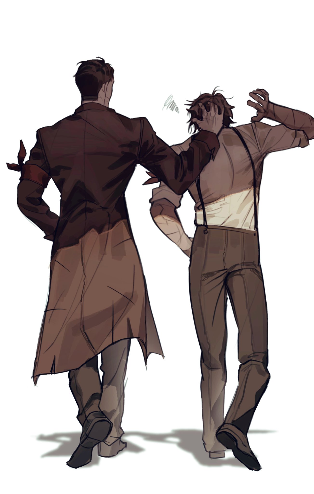 2boys, arm_up, armband, black_hair, brown_coat, brown_pants, brown_shoes, chanil_(muexlku)