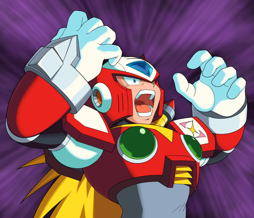 1boy, absurdres, android, armor, arms_up, blonde_hair, blue_eyes, chest_jewel