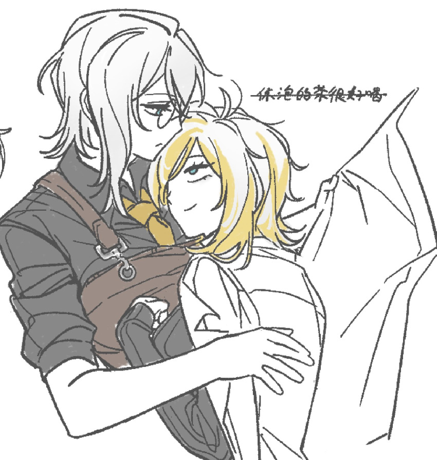 2girls, black_shirt, blonde_hair, blue_eyes, chinese_text, closed_mouth, coat, collared_shirt